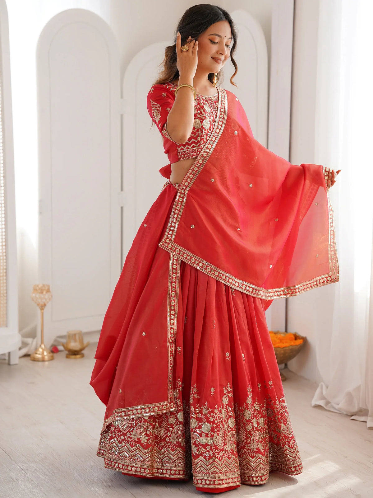 Mesmerizing Orange Thread Work Silk Wedding Lehenga Choli With Dupatta