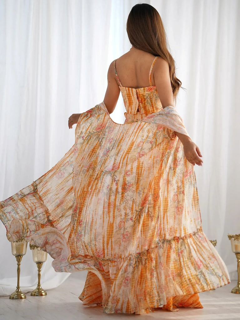 Great Orange Printed Georgette Party Wear Crop-Top Plazzo With Shrug
