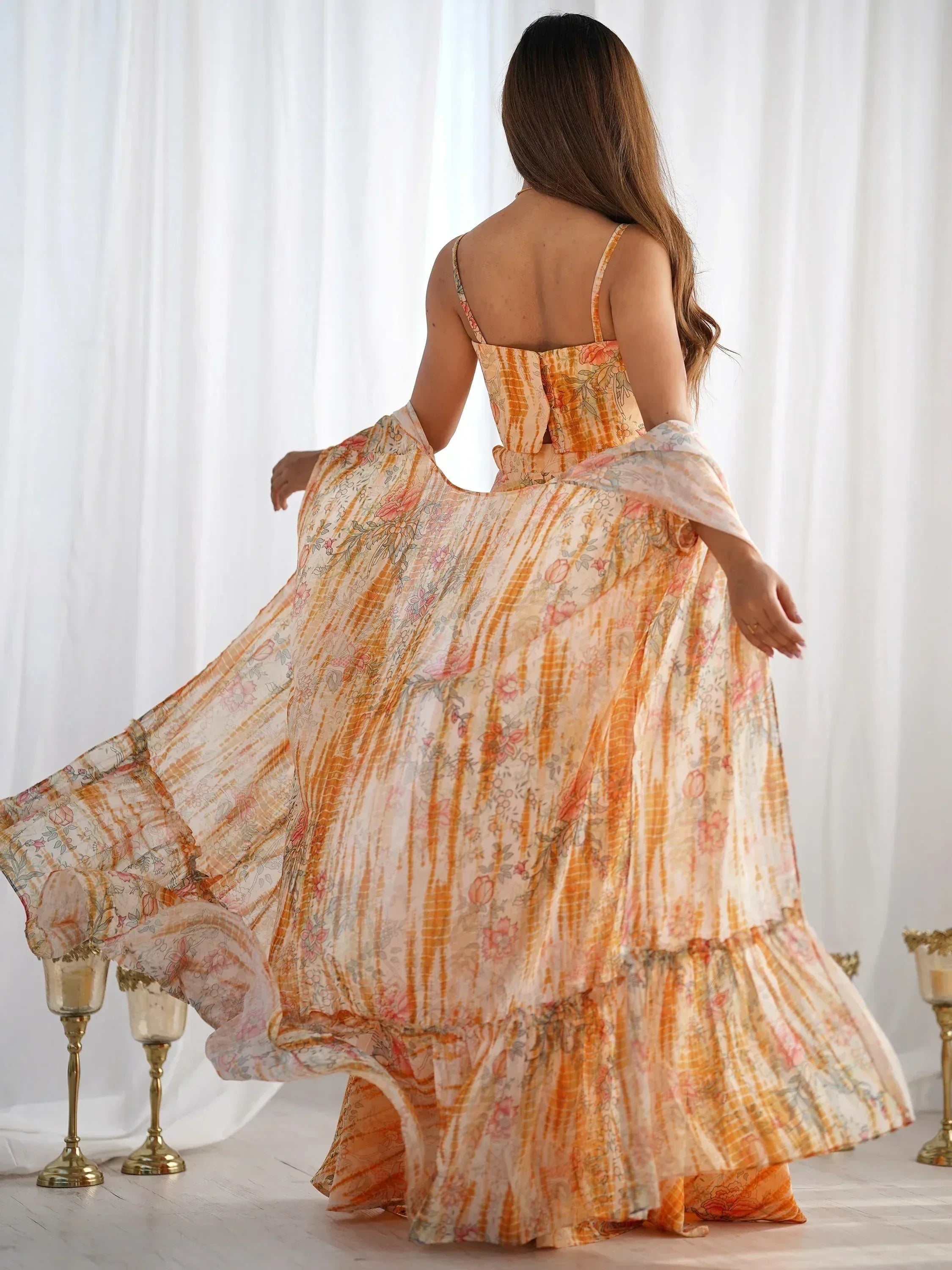 Great Orange Printed Georgette Party Wear Crop-Top Plazzo With Shrug