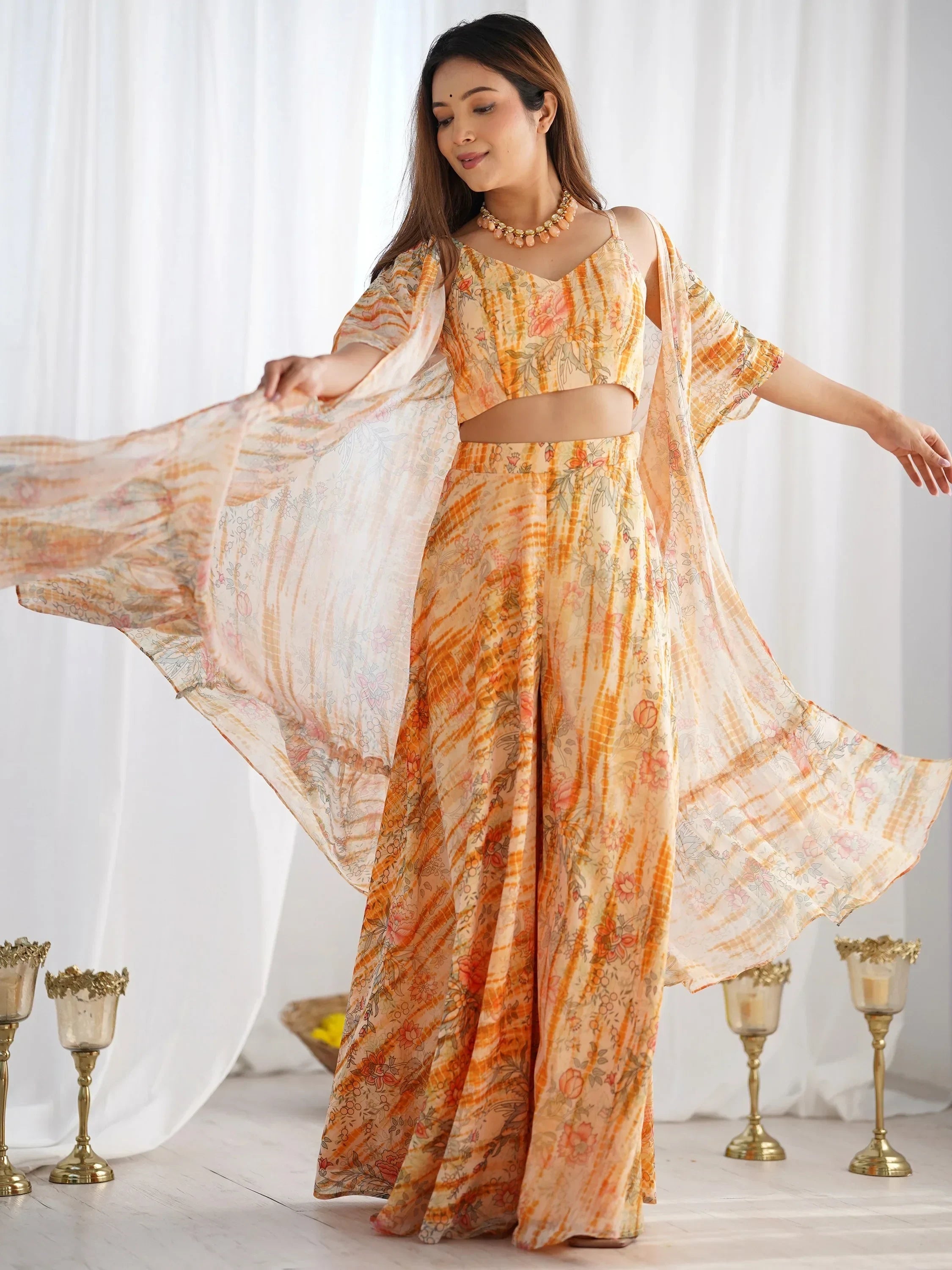 Great Orange Printed Georgette Party Wear Crop-Top Plazzo With Shrug