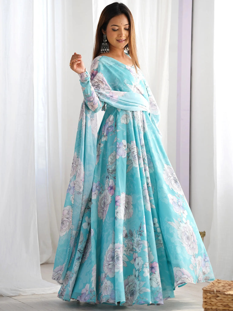Classic Blue Floral Printed Georgette Festival Wear Gown With Dupatta