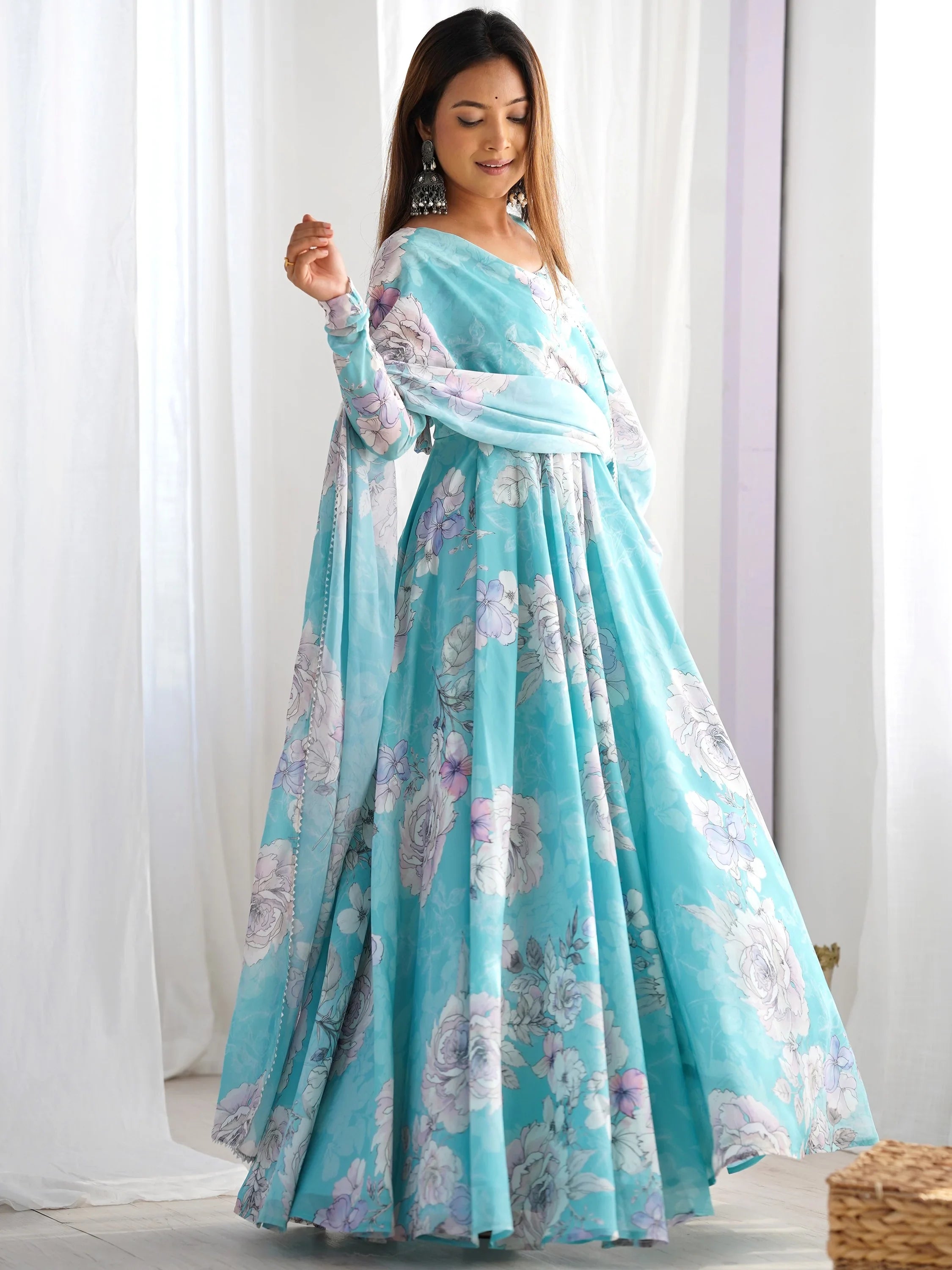 Classic Blue Floral Printed Georgette Festival Wear Gown With Dupatta