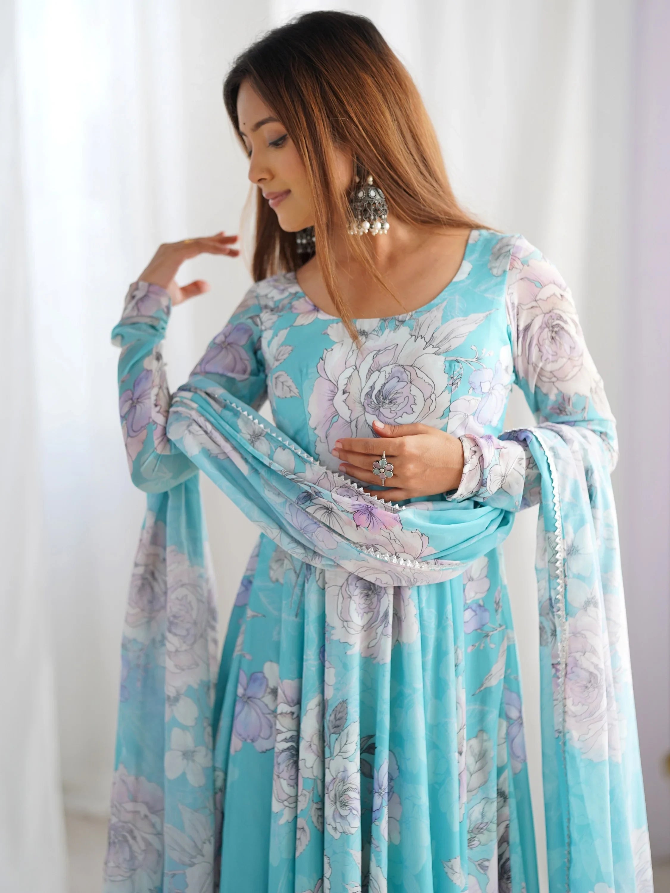 Classic Blue Floral Printed Georgette Festival Wear Gown With Dupatta
