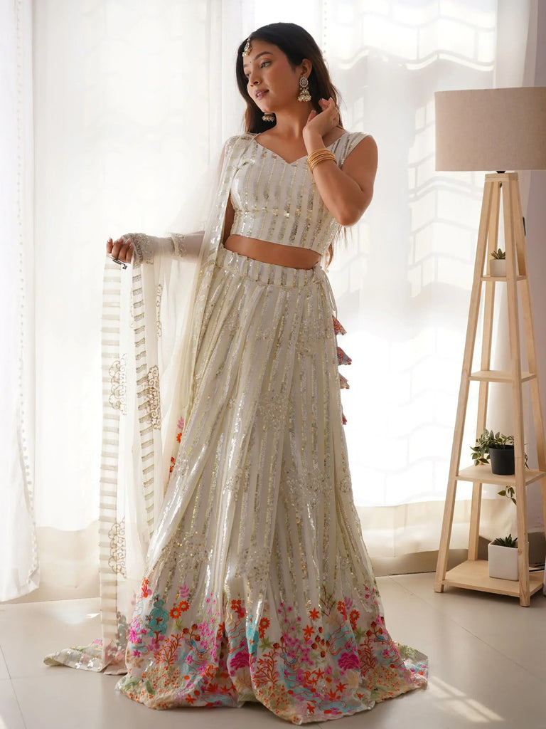 Stunning White Georgette Sequins Embroidered Lehenga Choli