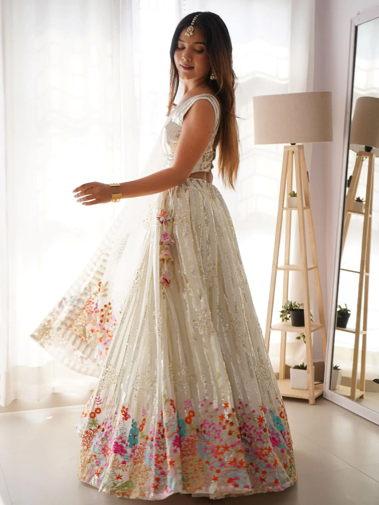 Stunning White Georgette Sequins Embroidered Lehenga Choli