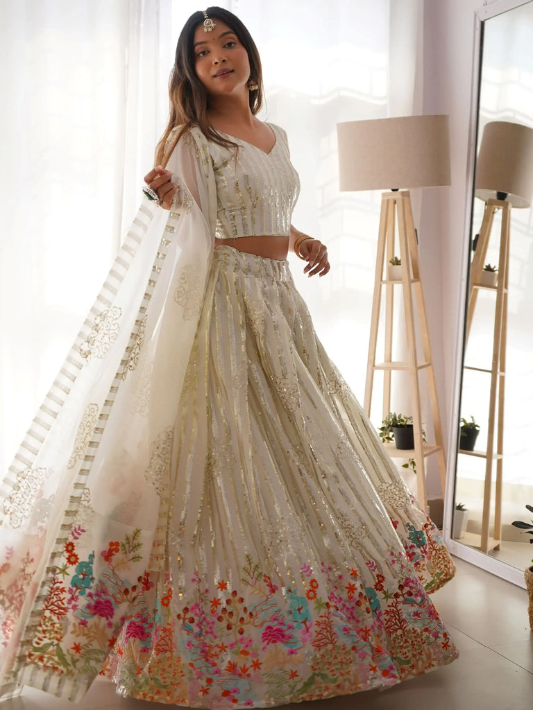 Stunning White Georgette Sequins Embroidered Lehenga Choli