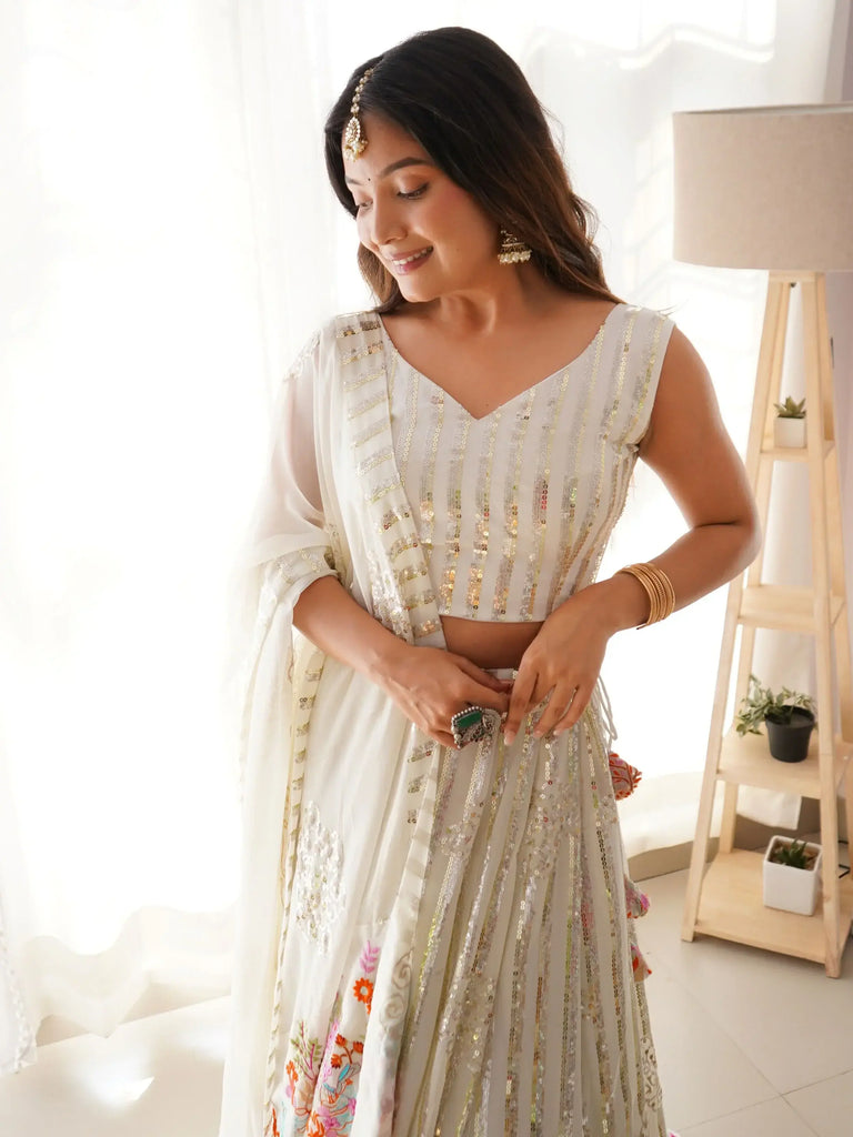 Stunning White Georgette Sequins Embroidered Lehenga Choli
