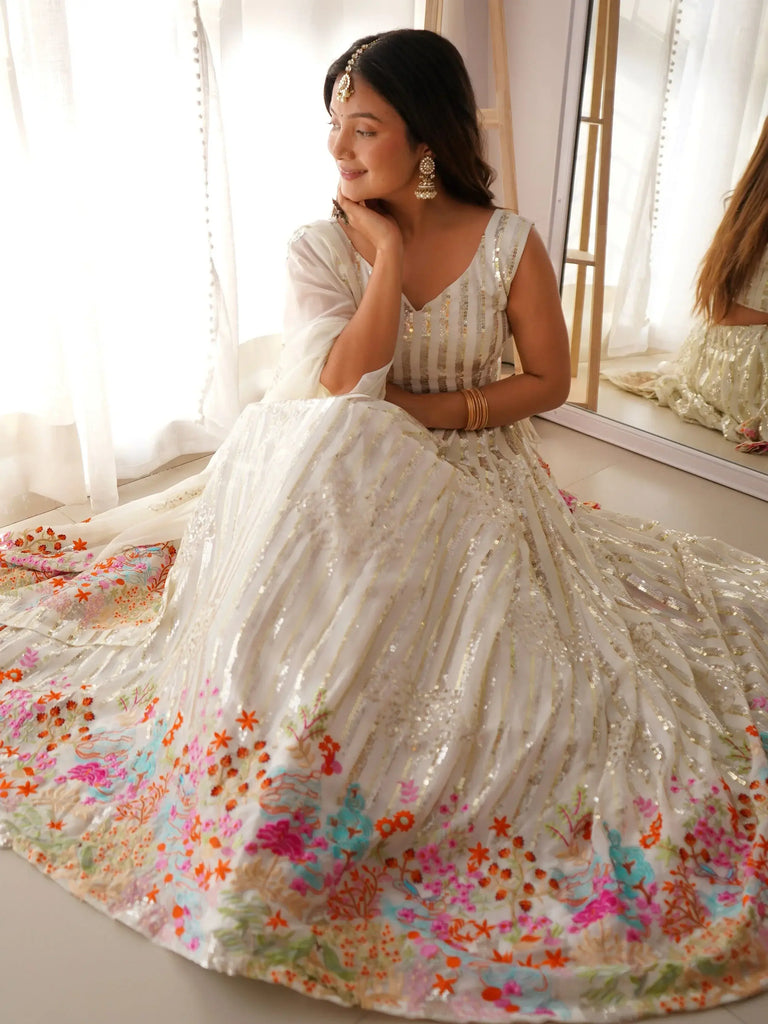 Stunning White Georgette Sequins Embroidered Lehenga Choli