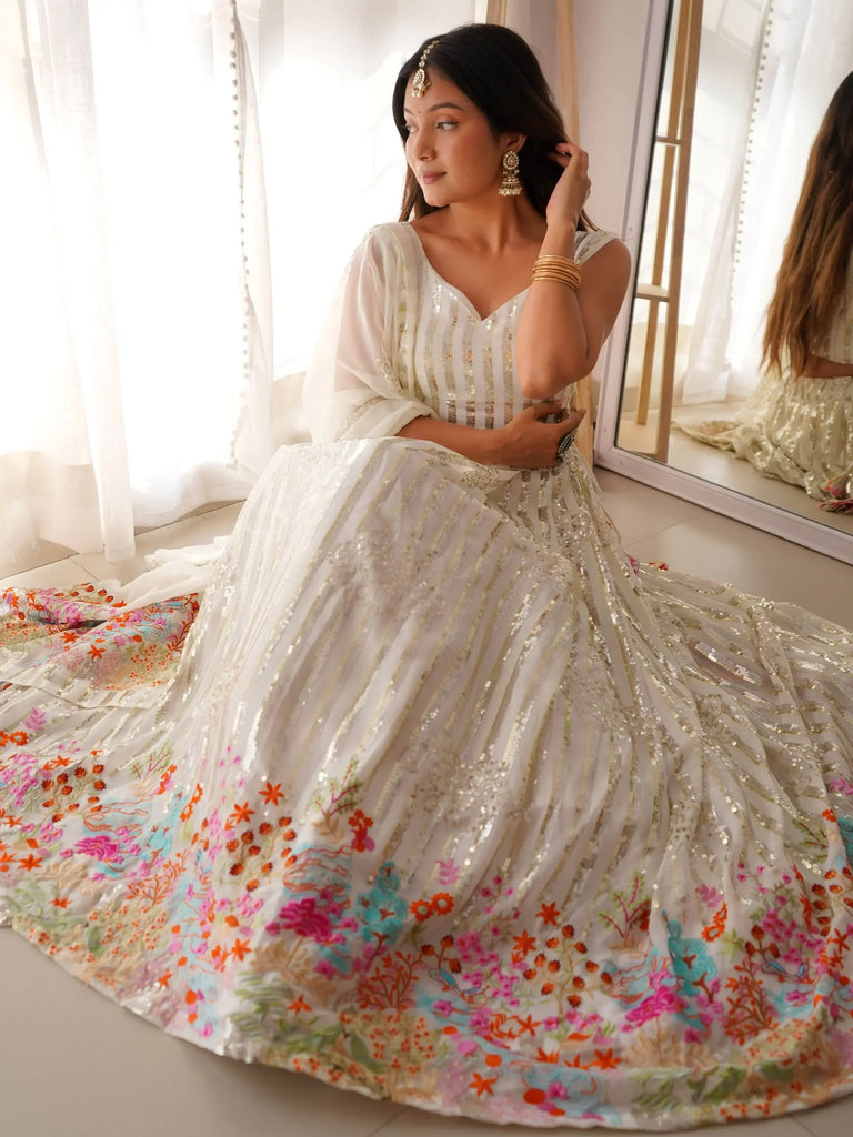 Stunning White Georgette Sequins Embroidered Lehenga Choli