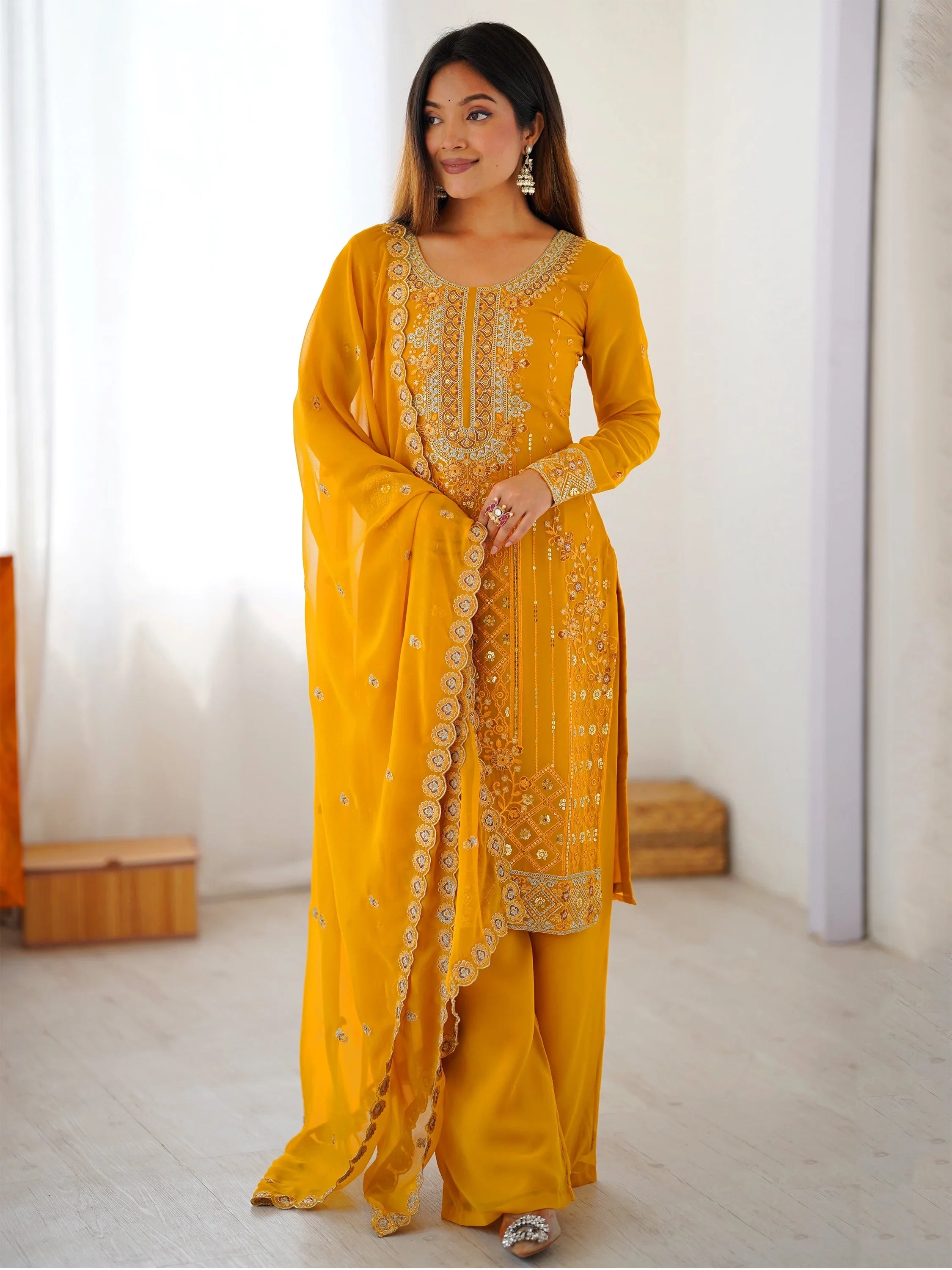 Outstanding Yellow Embroidered Georgette Haldi Wear Palazzo Suit