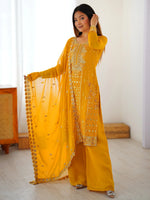 Outstanding Yellow Embroidered Georgette Haldi Wear Palazzo Suit