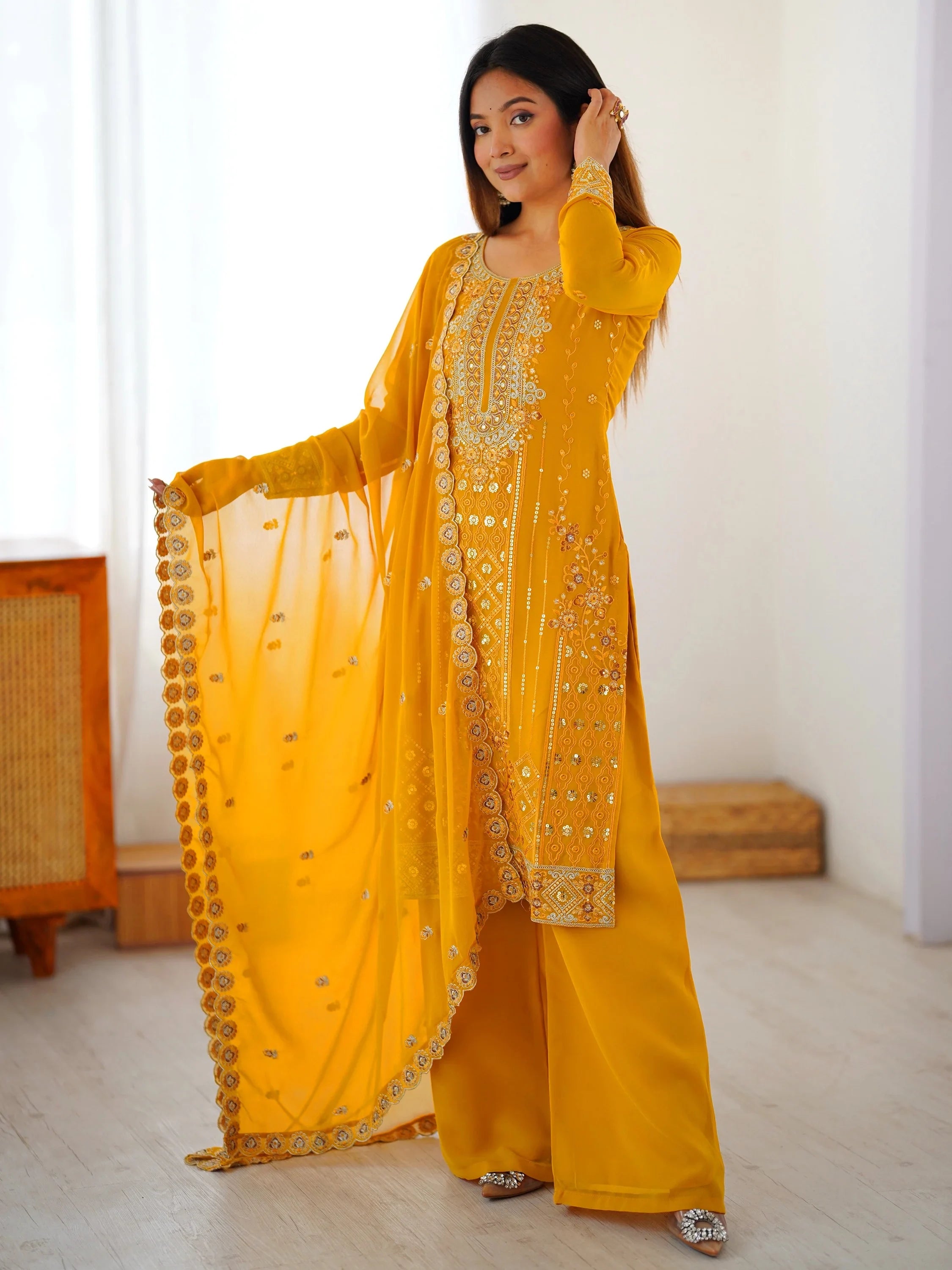 Outstanding Yellow Embroidered Georgette Haldi Wear Palazzo Suit