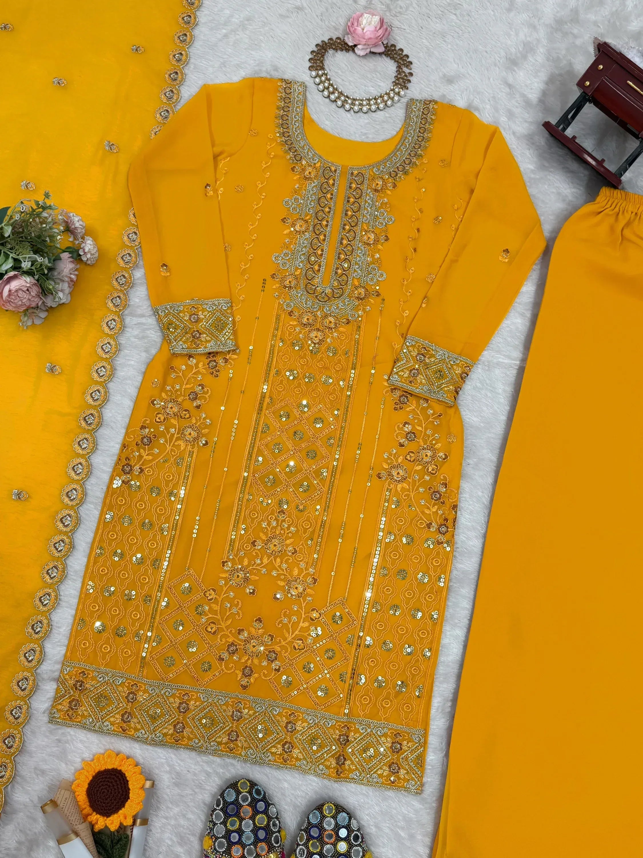 Outstanding Yellow Embroidered Georgette Haldi Wear Palazzo Suit
