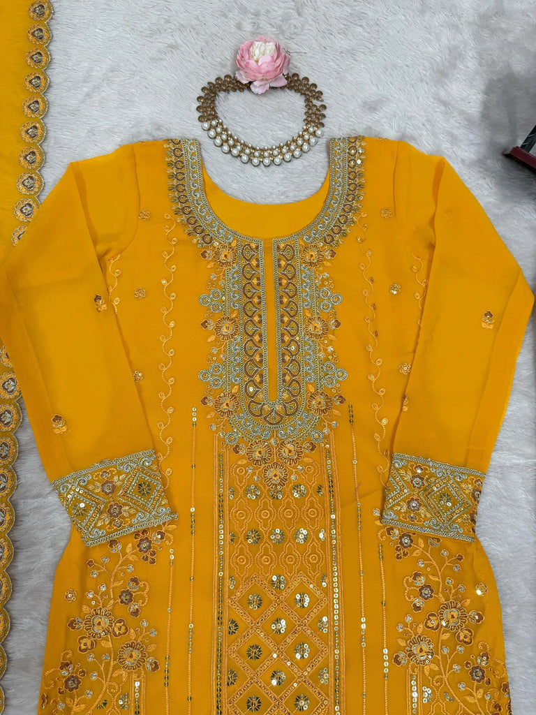 Outstanding Yellow Embroidered Georgette Haldi Wear Palazzo Suit