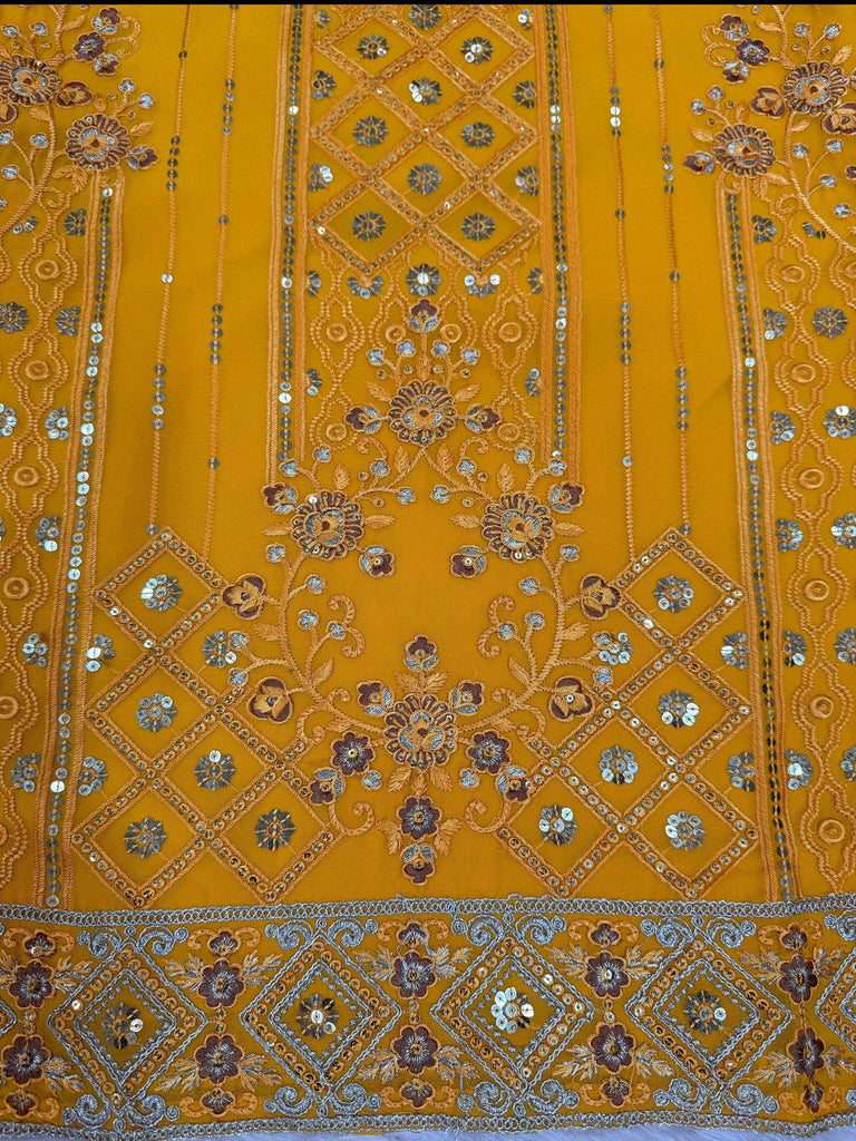 Outstanding Yellow Embroidered Georgette Haldi Wear Palazzo Suit