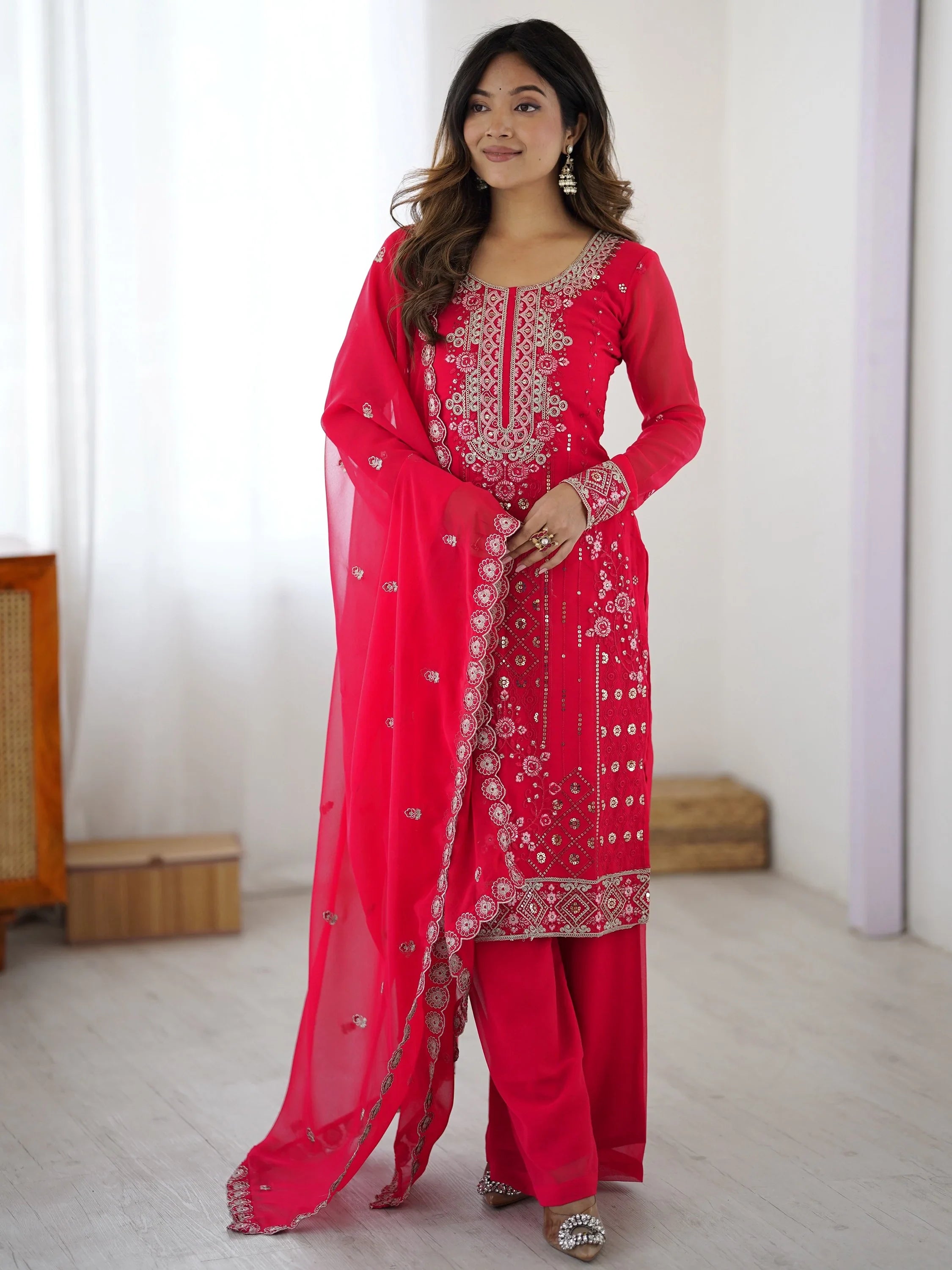 Incredible Pink Embroidered Georgette Festival Wear Palazzo Suit
