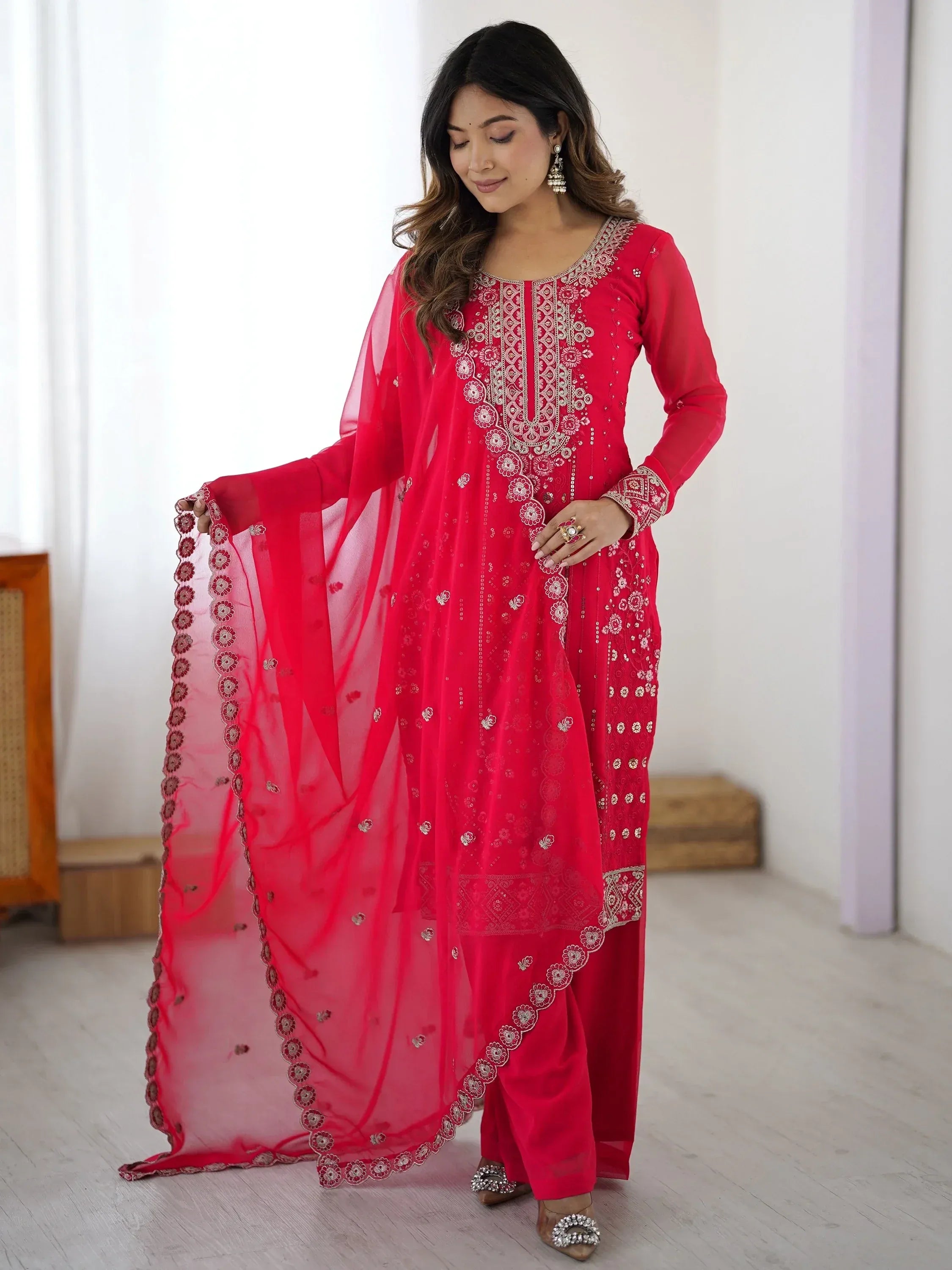 Incredible Pink Embroidered Georgette Festival Wear Palazzo Suit