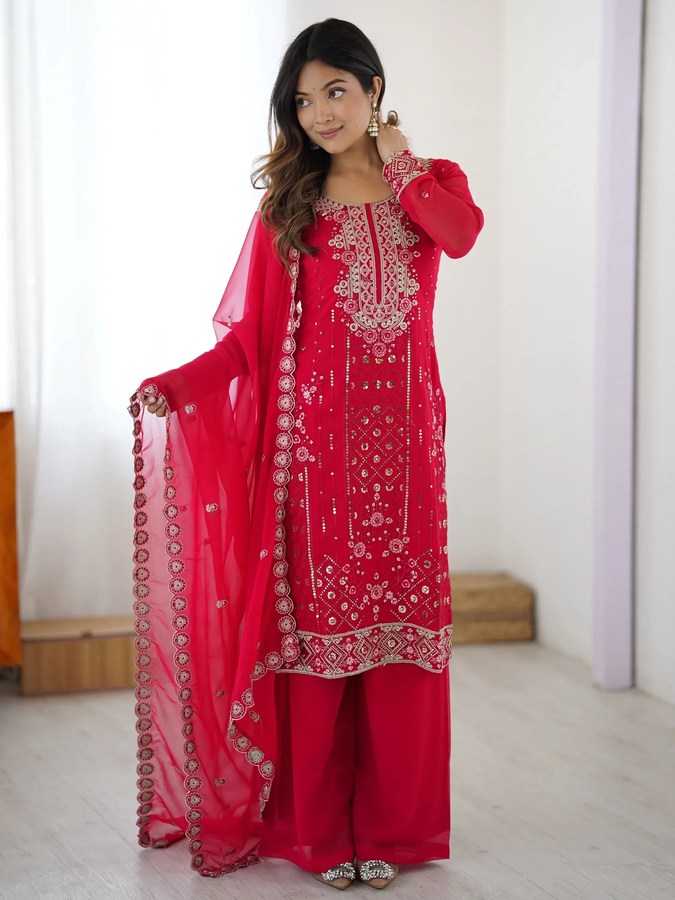 Incredible Pink Embroidered Georgette Festival Wear Palazzo Suit
