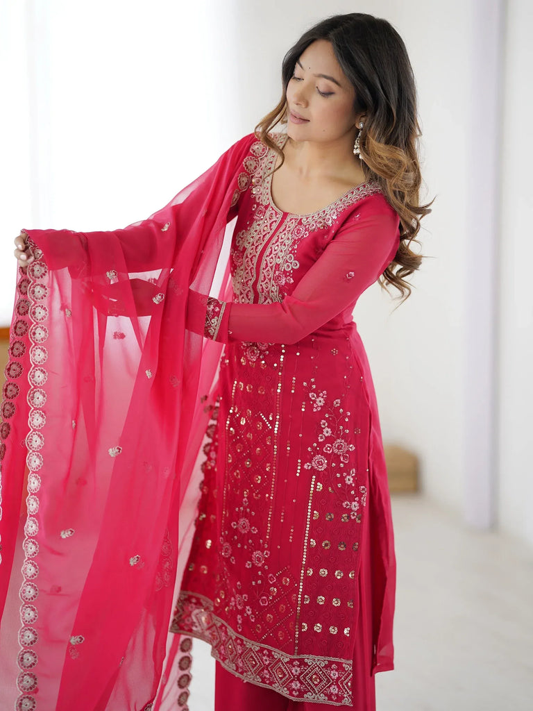 Incredible Pink Embroidered Georgette Festival Wear Palazzo Suit