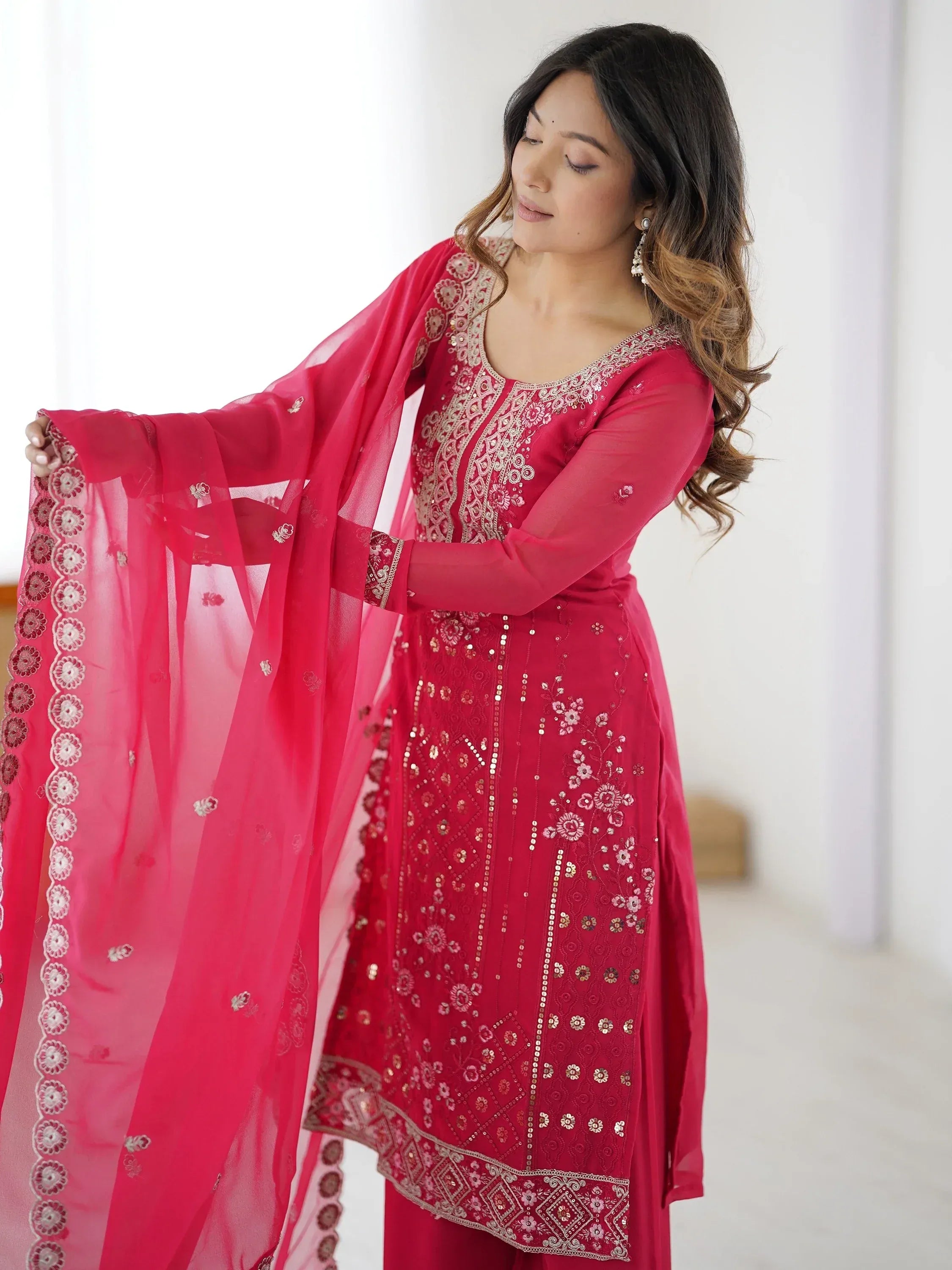Incredible Pink Embroidered Georgette Festival Wear Palazzo Suit
