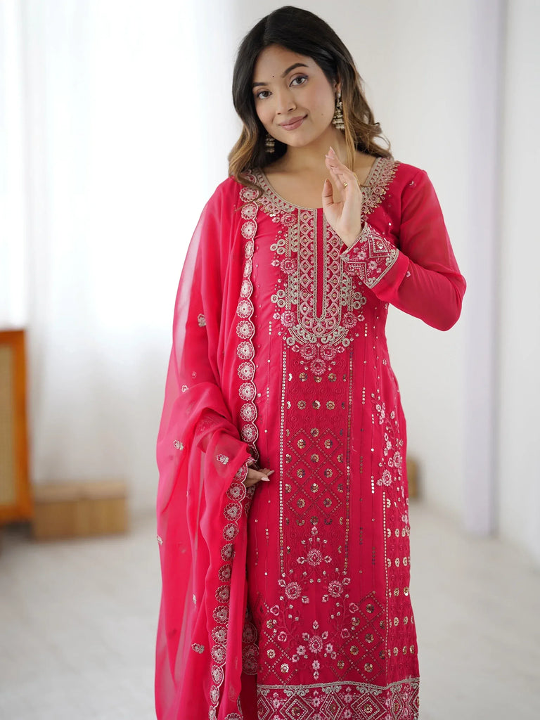 Incredible Pink Embroidered Georgette Festival Wear Palazzo Suit