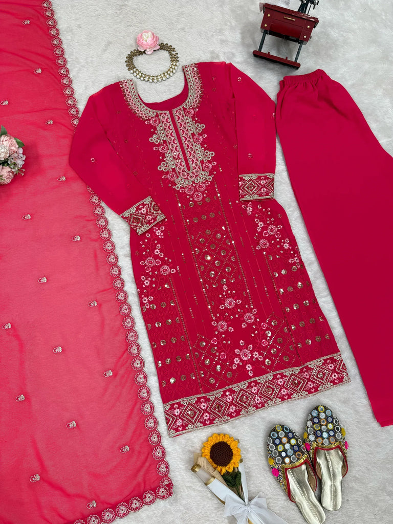 Incredible Pink Embroidered Georgette Festival Wear Palazzo Suit