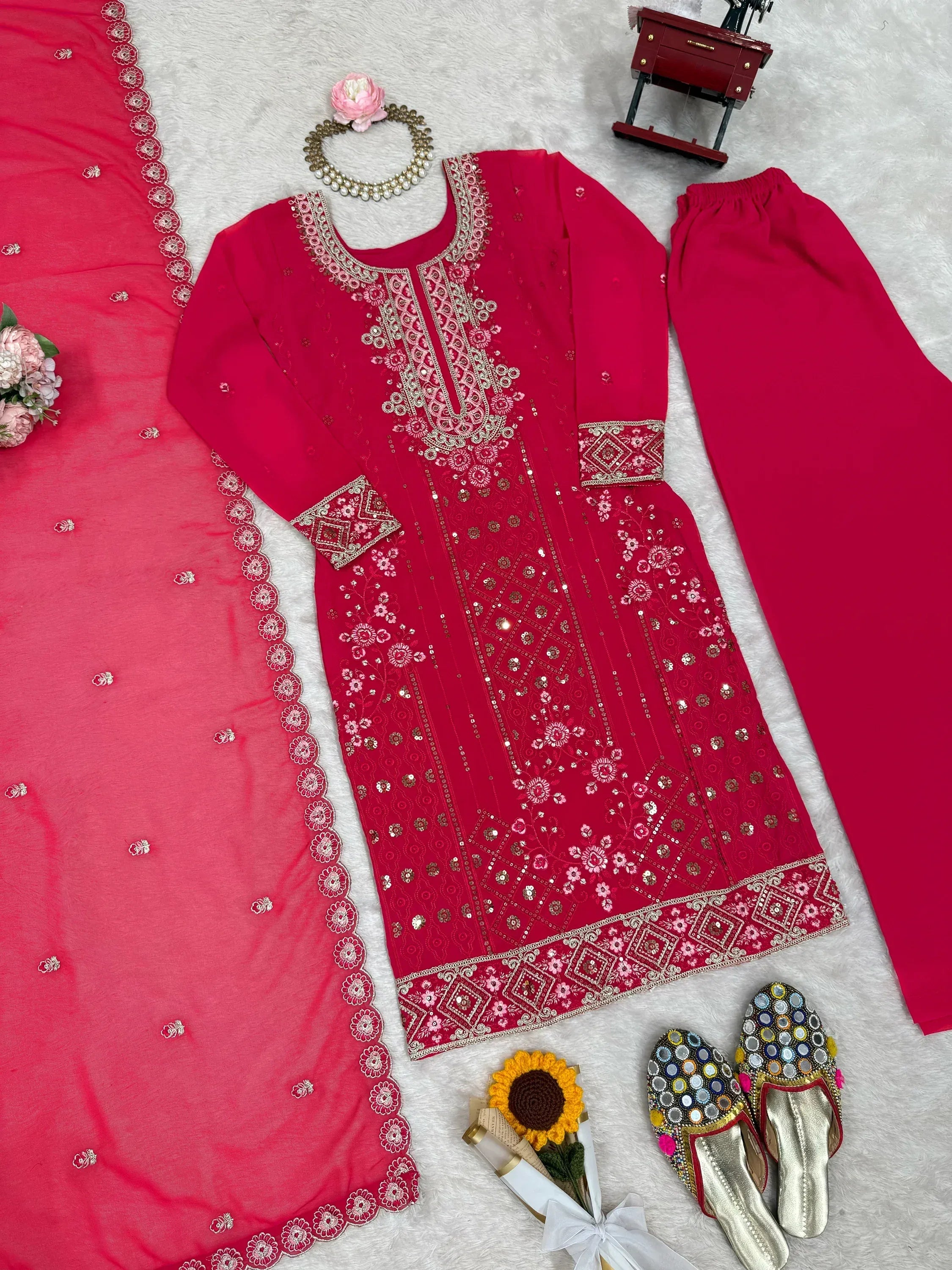 Incredible Pink Embroidered Georgette Festival Wear Palazzo Suit