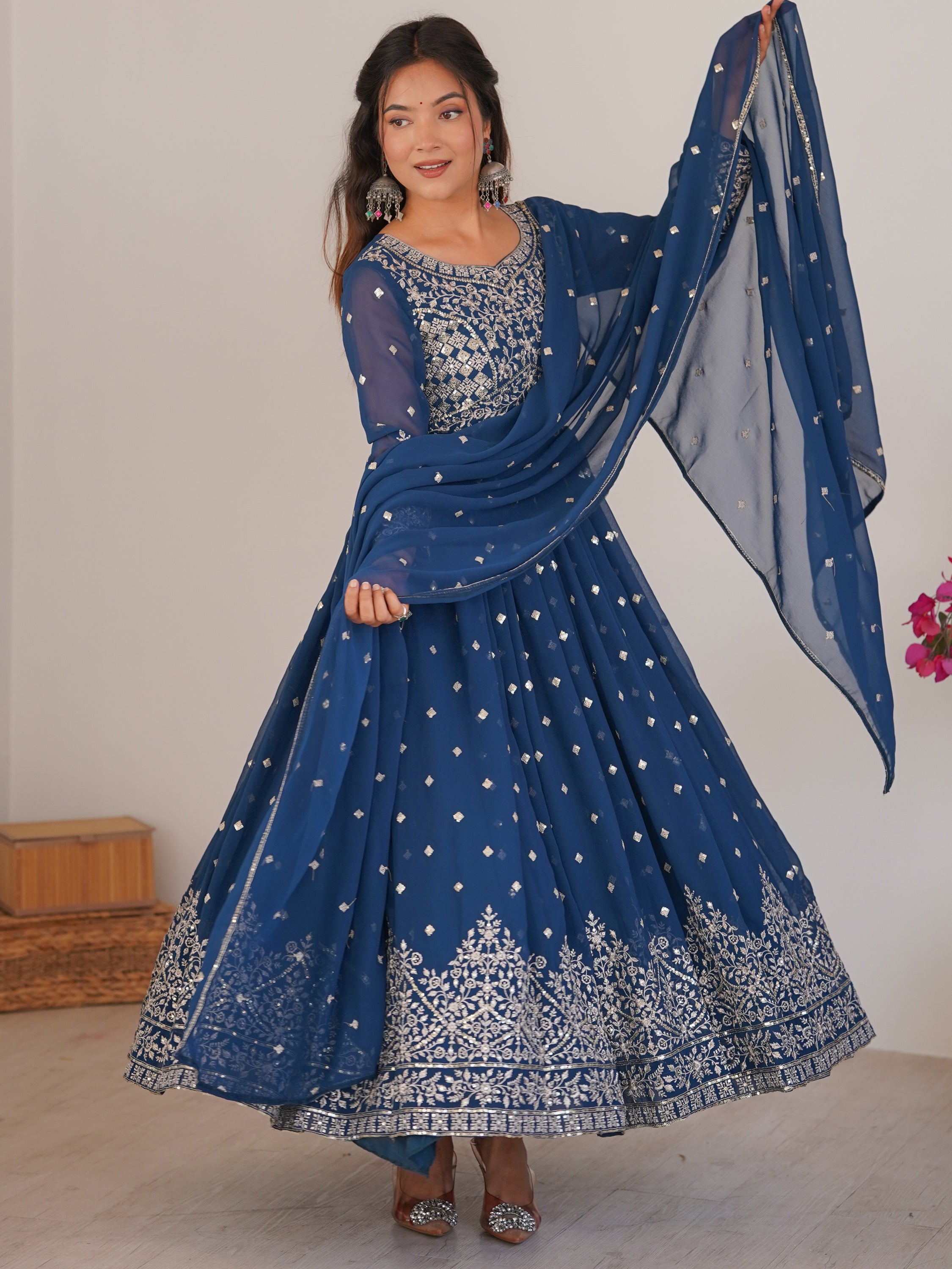 Stunning Teal Blue Embroidered Georgette Event Wear Anarkali Suit
