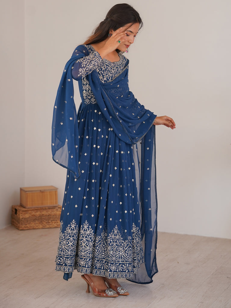 Stunning Teal Blue Embroidered Georgette Event Wear Anarkali Suit