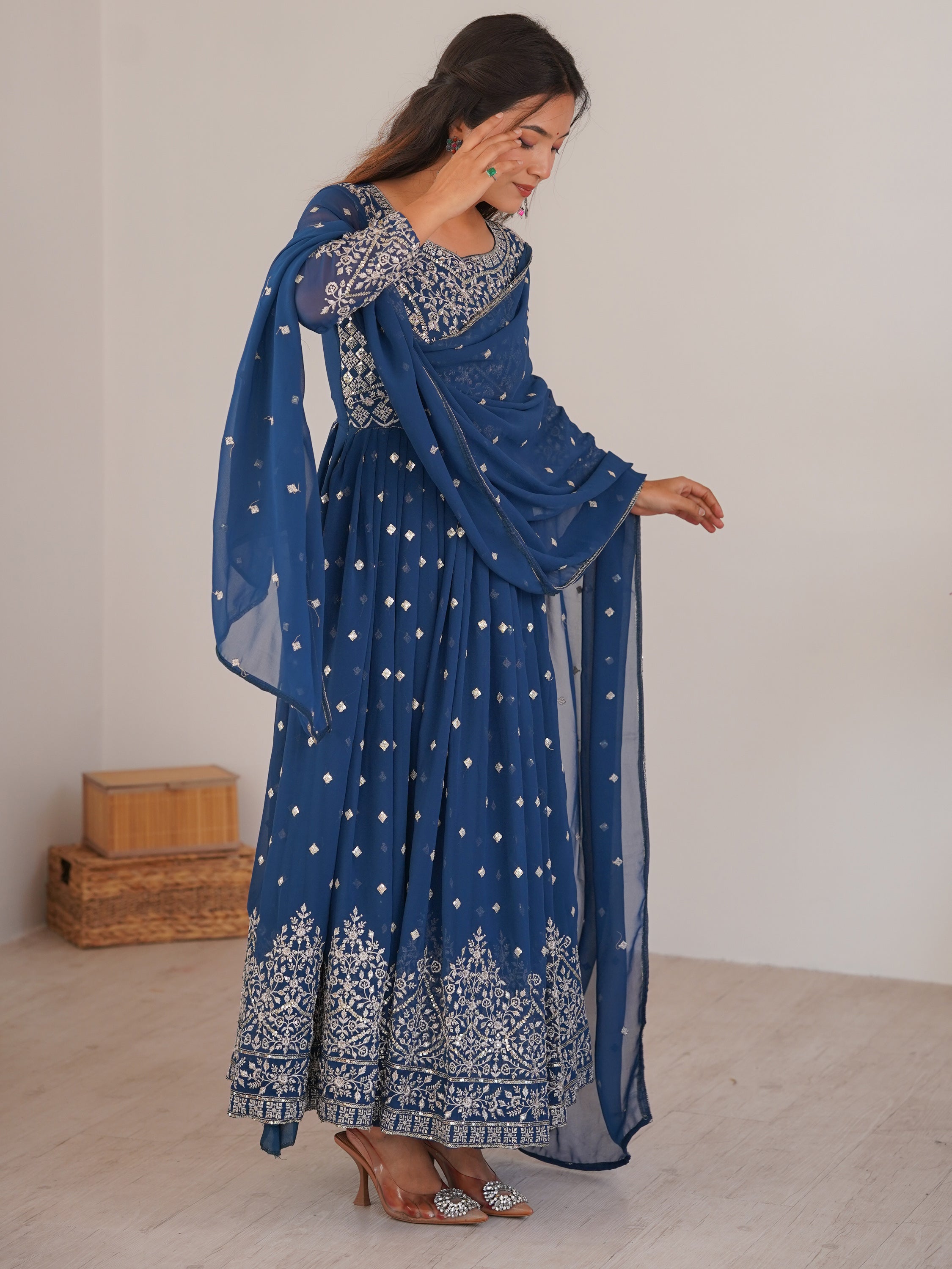 Stunning Teal Blue Embroidered Georgette Event Wear Anarkali Suit
