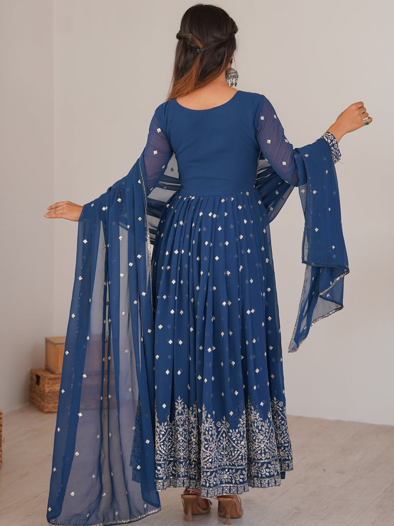 Stunning Teal Blue Embroidered Georgette Event Wear Anarkali Suit