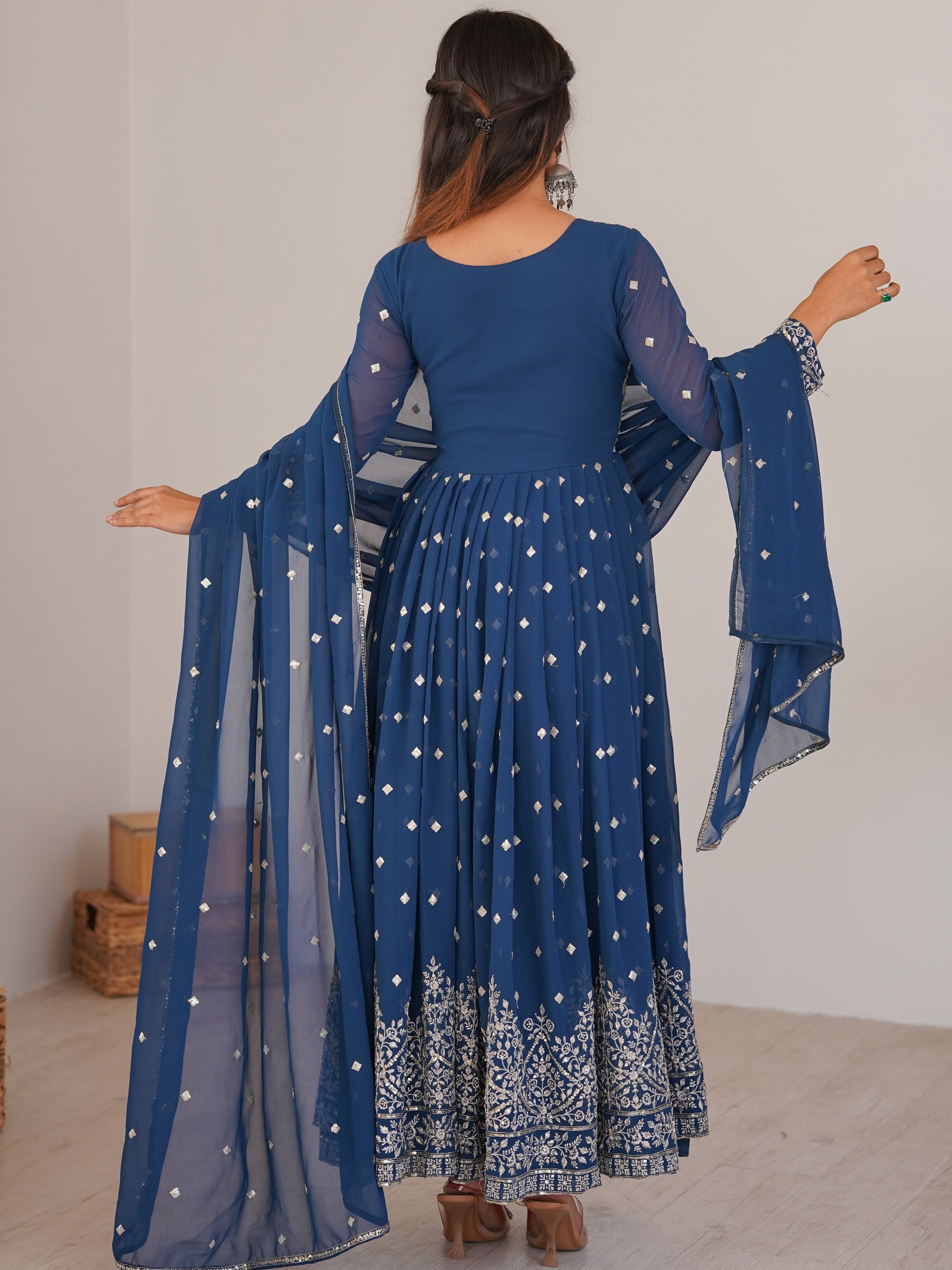 Stunning Teal Blue Embroidered Georgette Event Wear Anarkali Suit
