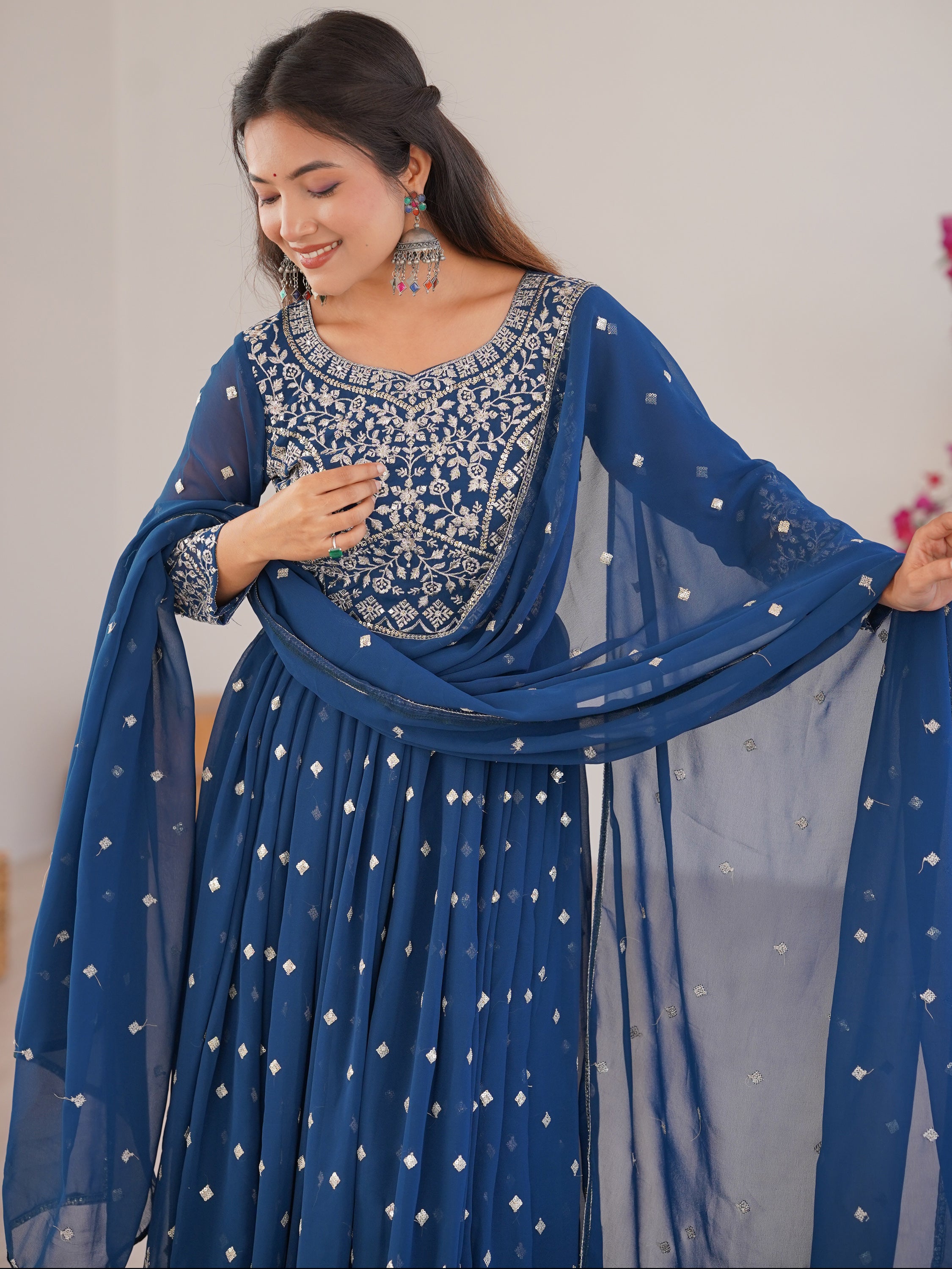 Stunning Teal Blue Embroidered Georgette Event Wear Anarkali Suit