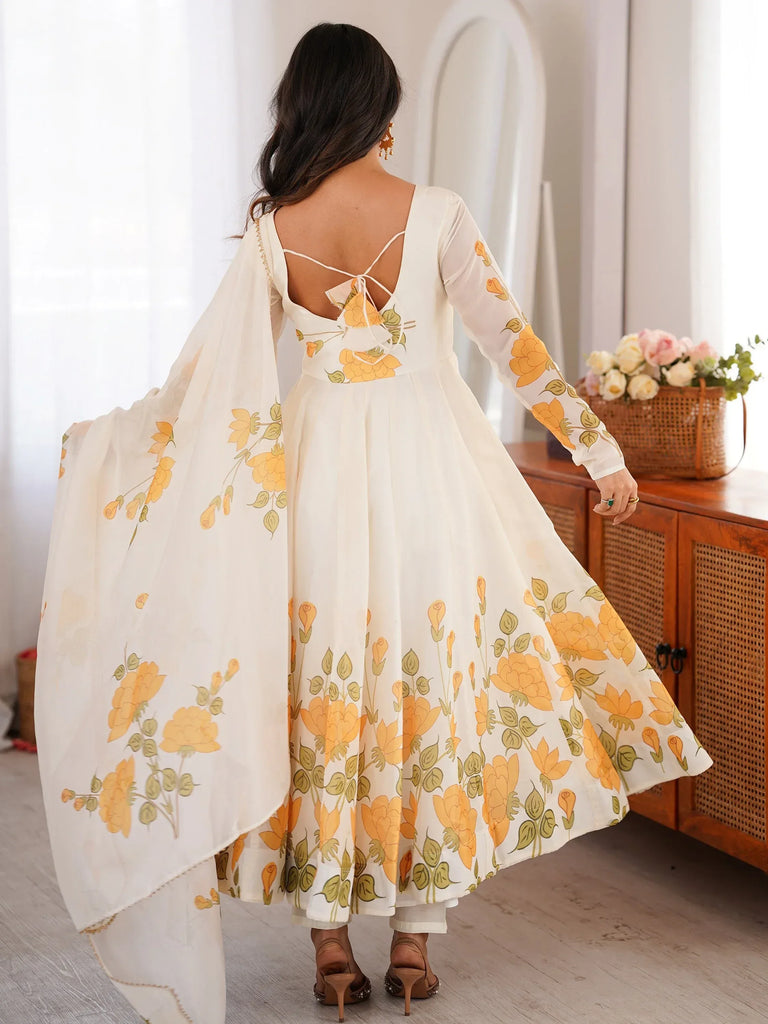 Stunning White Floral Printed Organza Festival Wear Anarkali Suit