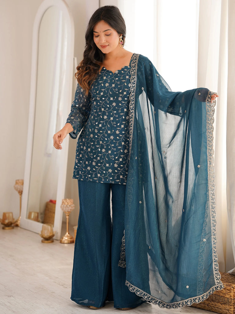 Bewitching Teal Blue Embroidered Silk Wedding Wear Palazzo Suit