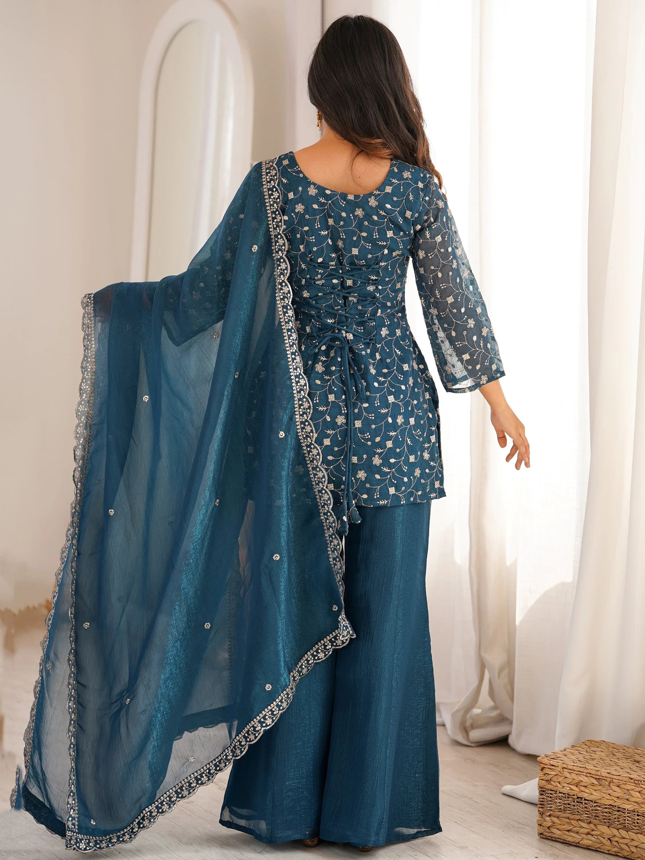 Bewitching Teal Blue Embroidered Silk Wedding Wear Palazzo Suit