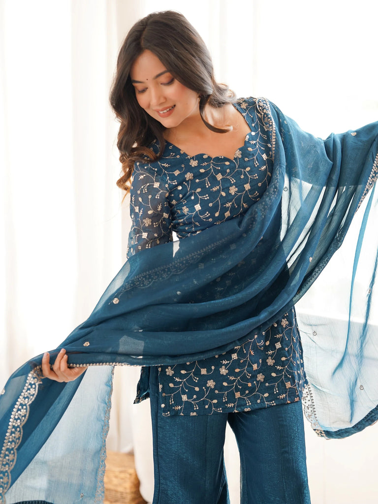 Bewitching Teal Blue Embroidered Silk Wedding Wear Palazzo Suit
