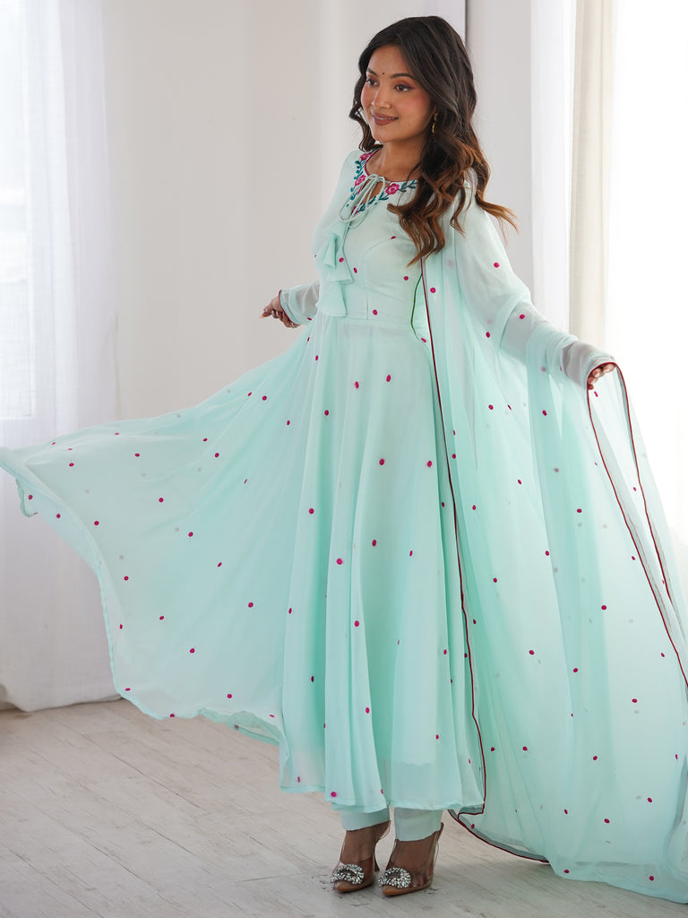 Charming Sky Blue Embroidered Georgette Anarkali Suit With Dupatta