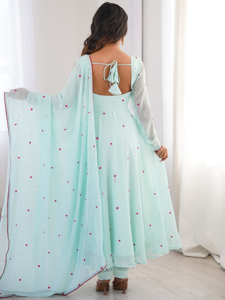 Charming Sky Blue Embroidered Georgette Anarkali Suit With Dupatta