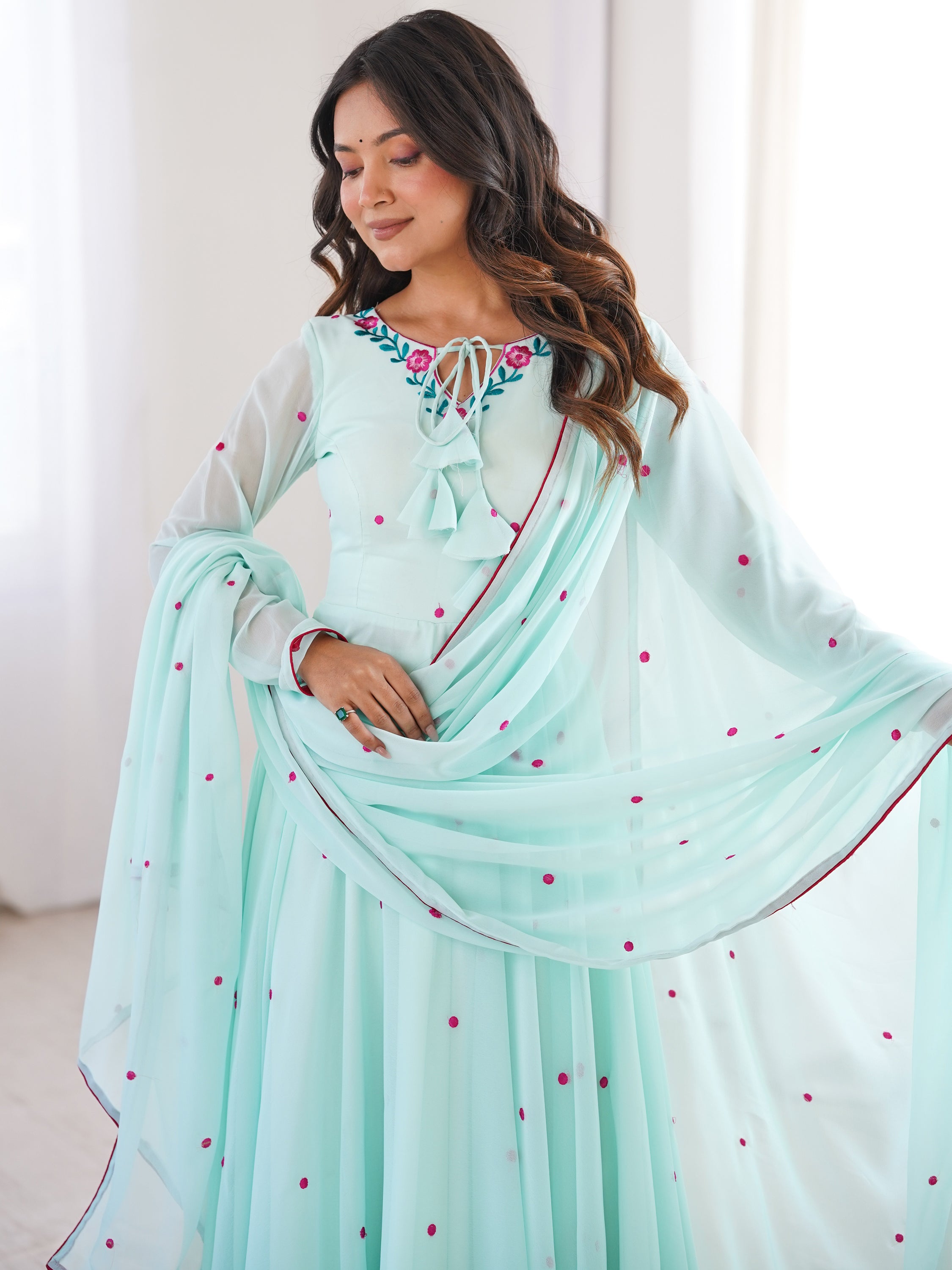 Charming Sky Blue Embroidered Georgette Anarkali Suit With Dupatta