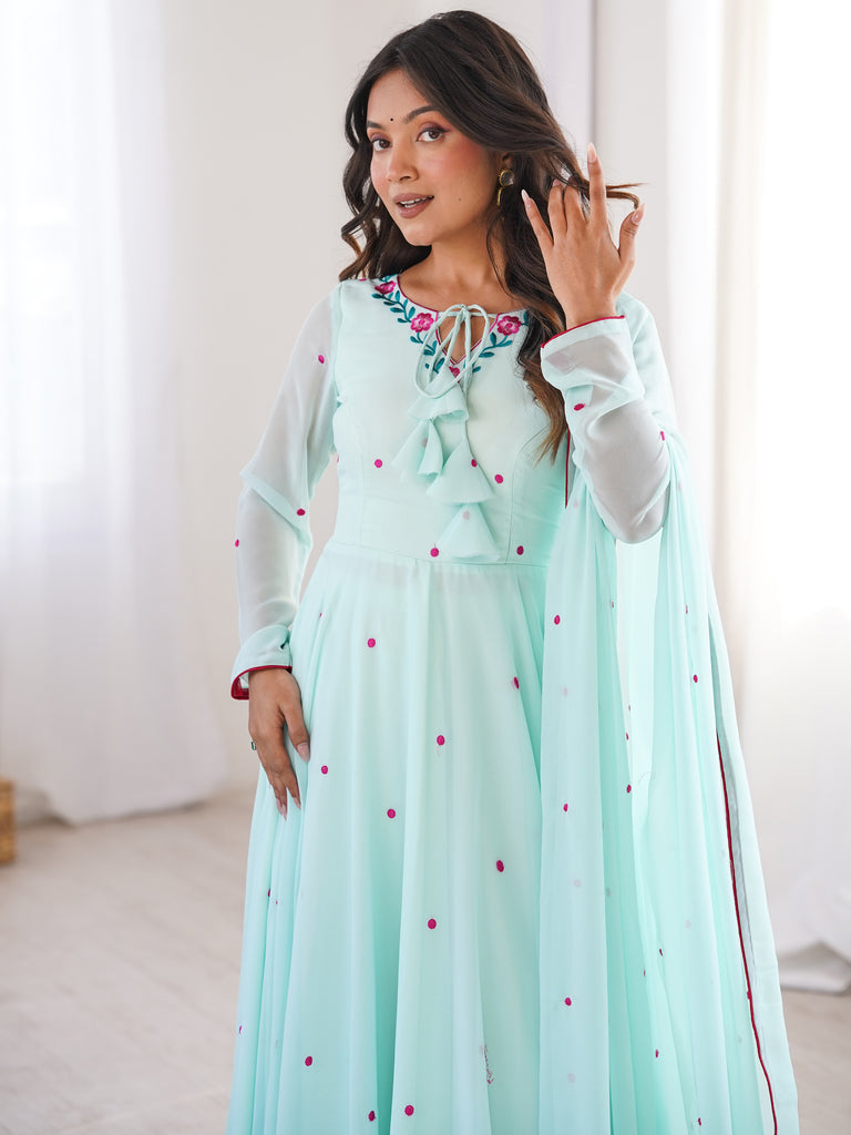 Charming Sky Blue Embroidered Georgette Anarkali Suit With Dupatta