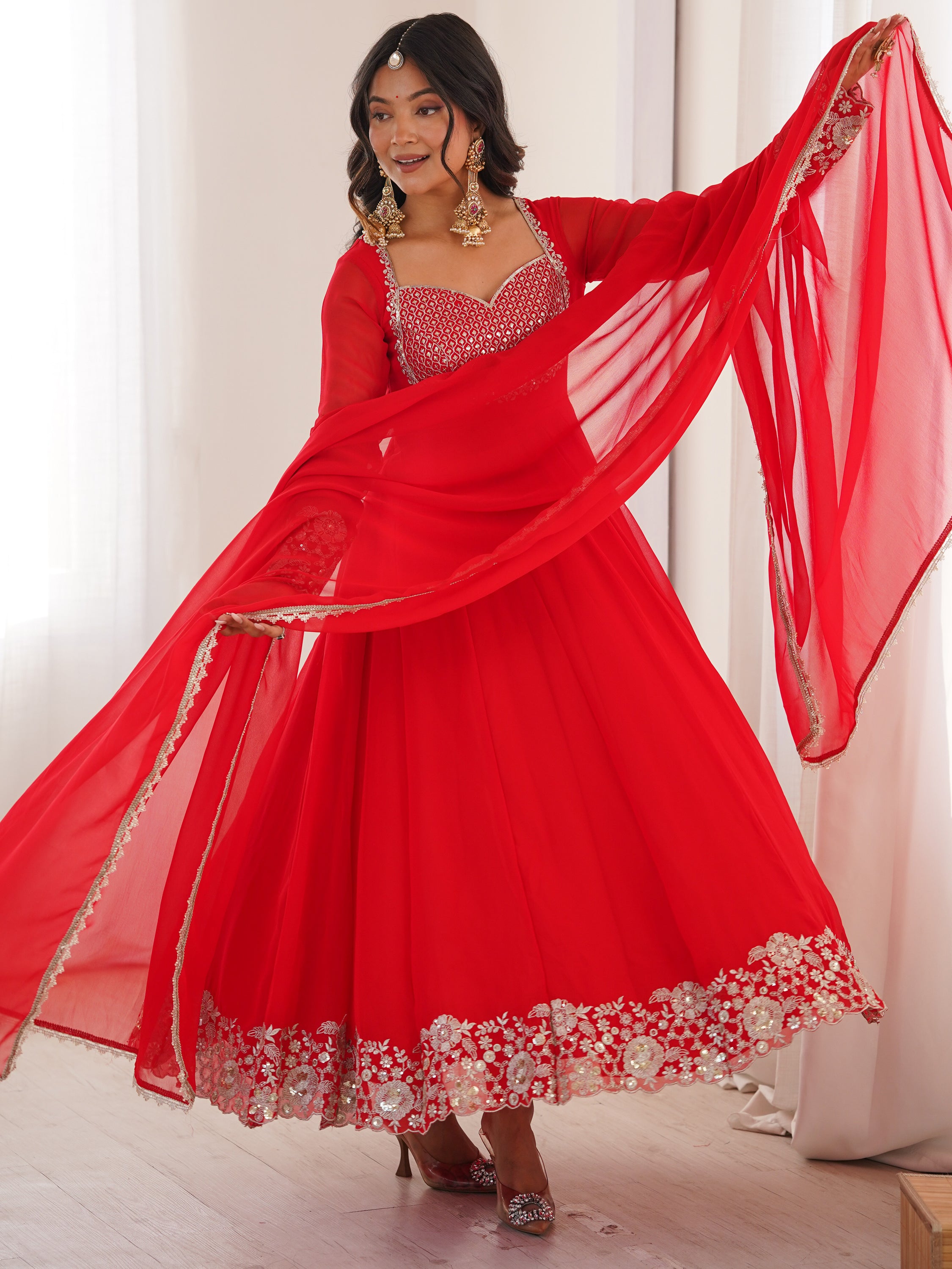 Lovable Red Sequins Georgette Wedding Wear Anarkali Suit With Dupatta