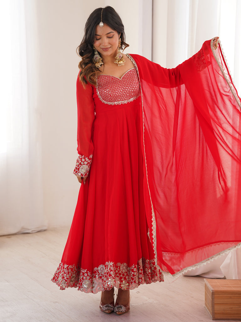 Lovable Red Sequins Georgette Wedding Wear Anarkali Suit With Dupatta