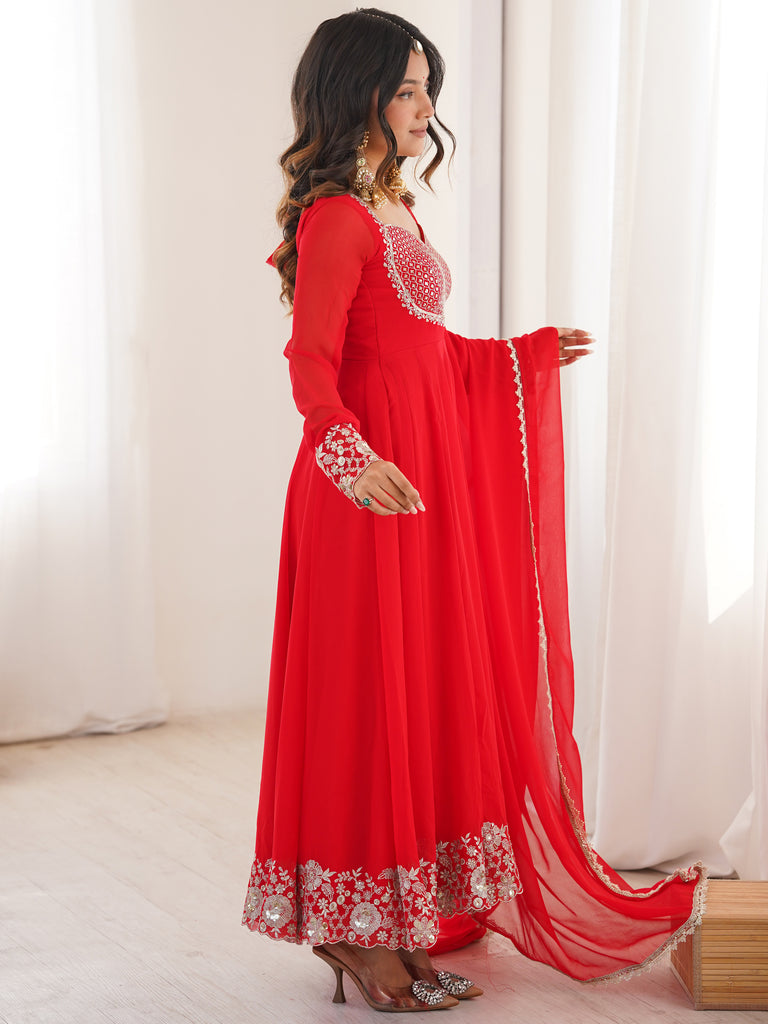 Lovable Red Sequins Georgette Wedding Wear Anarkali Suit With Dupatta