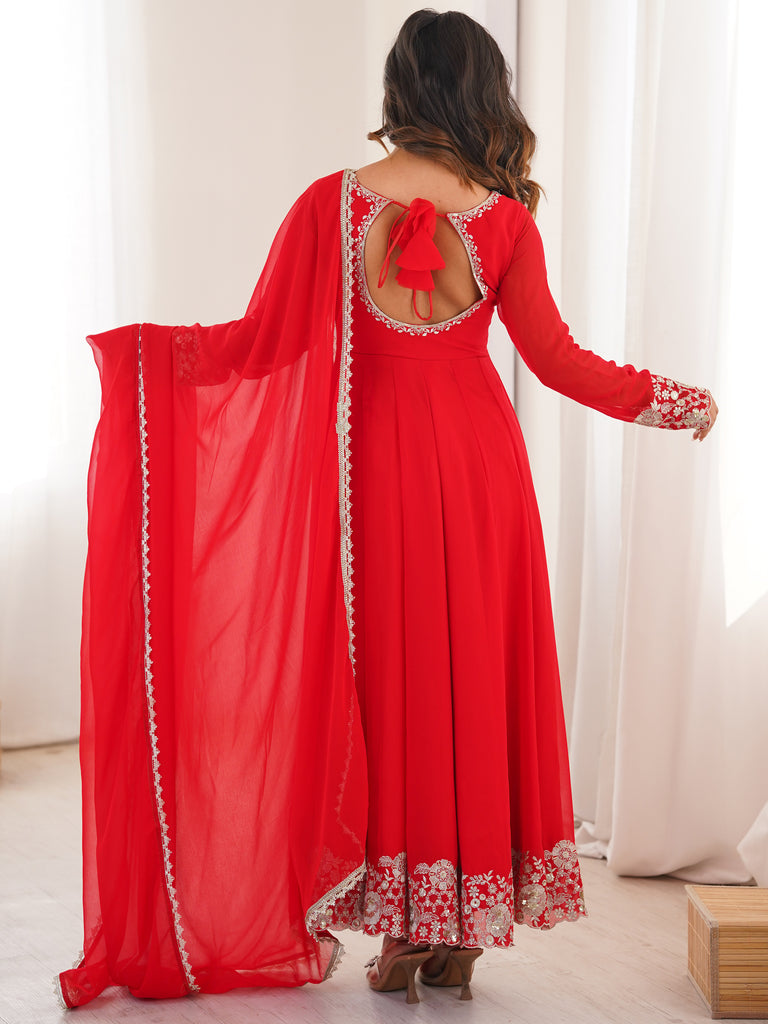 Lovable Red Sequins Georgette Wedding Wear Anarkali Suit With Dupatta