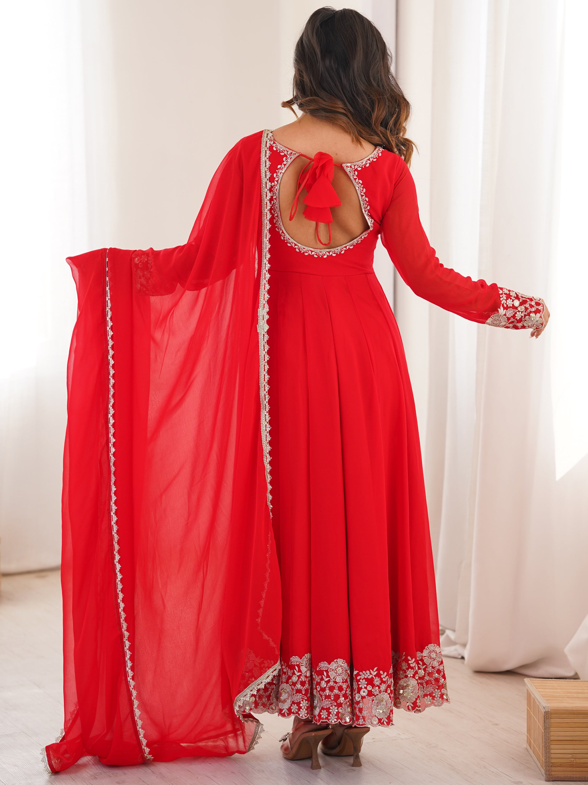 Lovable Red Sequins Georgette Wedding Wear Anarkali Suit With Dupatta
