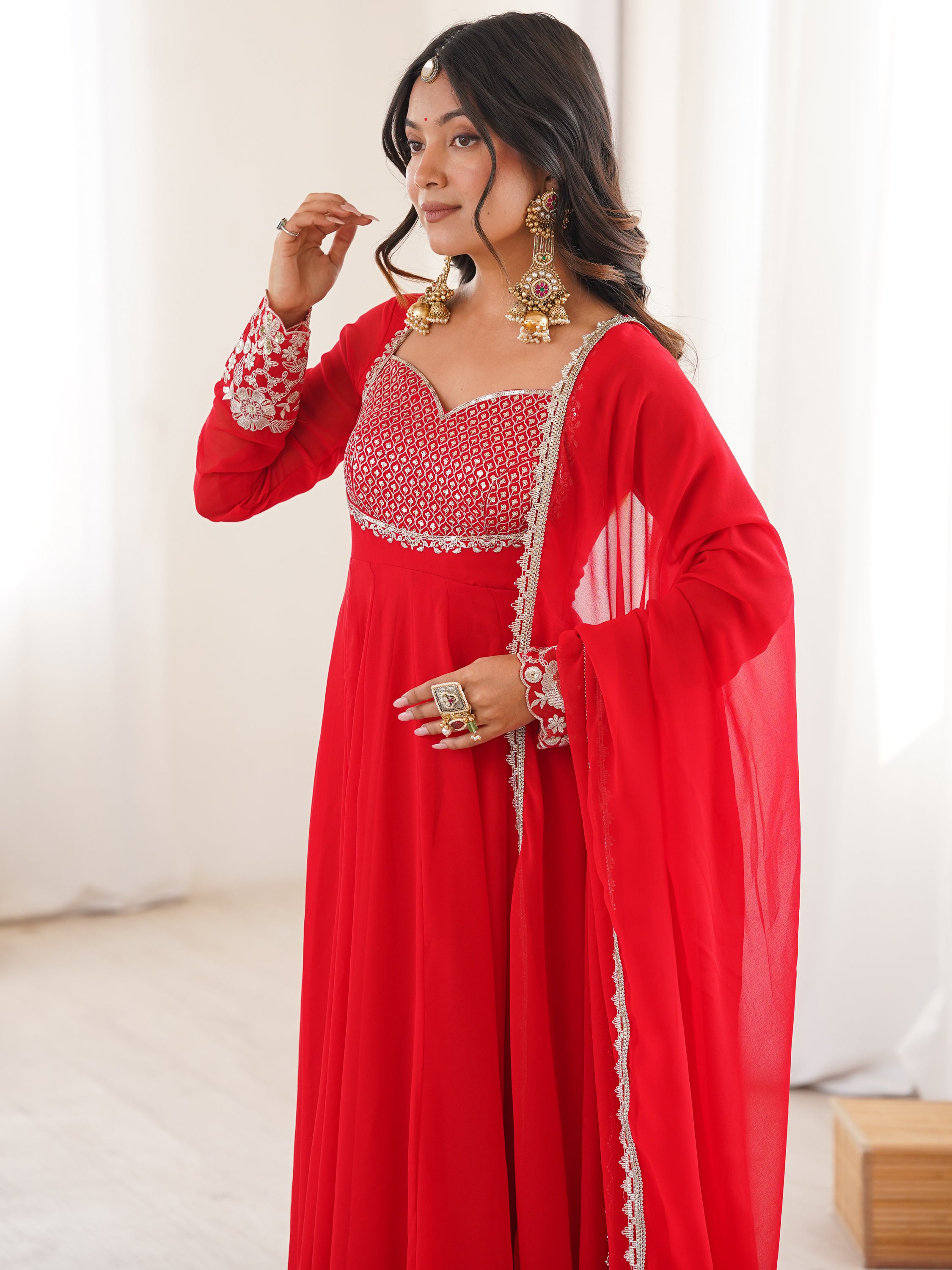 Lovable Red Sequins Georgette Wedding Wear Anarkali Suit With Dupatta