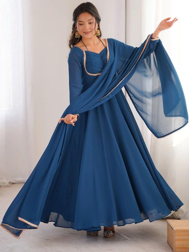 Glamorous Blue Georgette Function Wear Gown With Dupatta