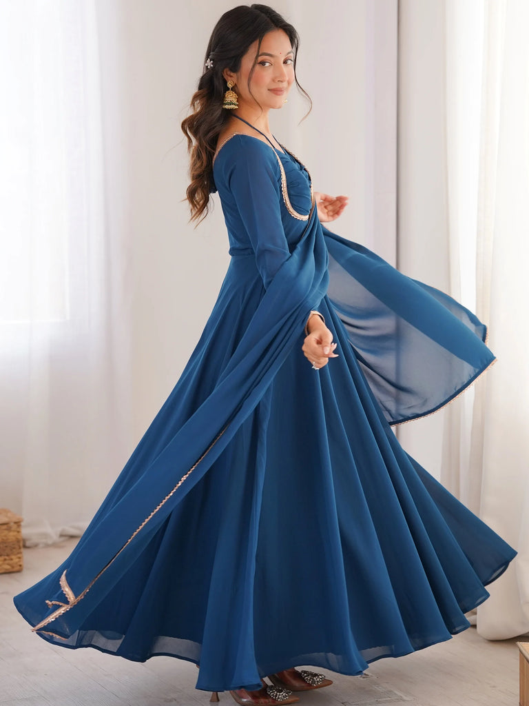 Glamorous Blue Georgette Function Wear Gown With Dupatta