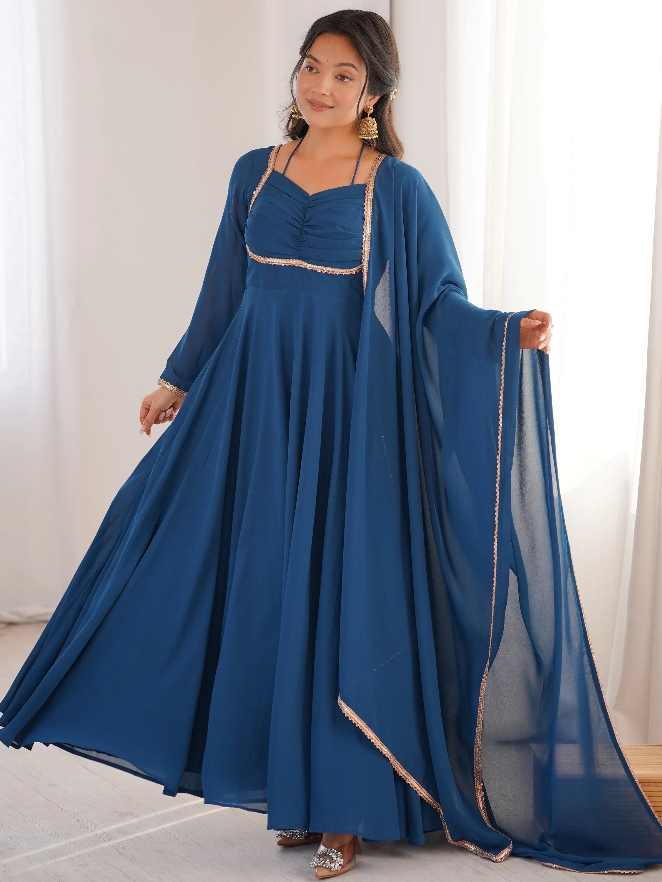 Glamorous Blue Georgette Function Wear Gown With Dupatta